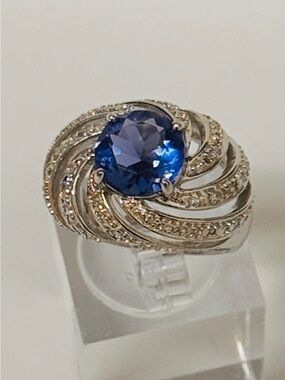Blue Simulated Safire Stone Swirl Cocktail Ring - Silver 925 Sterling Silver